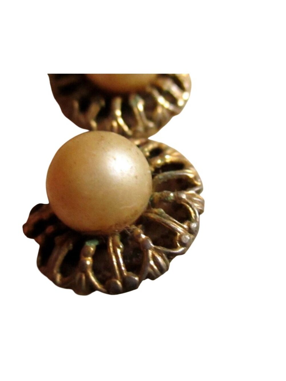 Clip-On Earrings Estate Hippy Vintage Gold-Tone Filigree With Faux Pearl Center